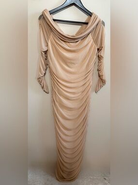 LN Pretty Garden Chic Draped Long Sleeve Women’s Gown in Nude Sz L